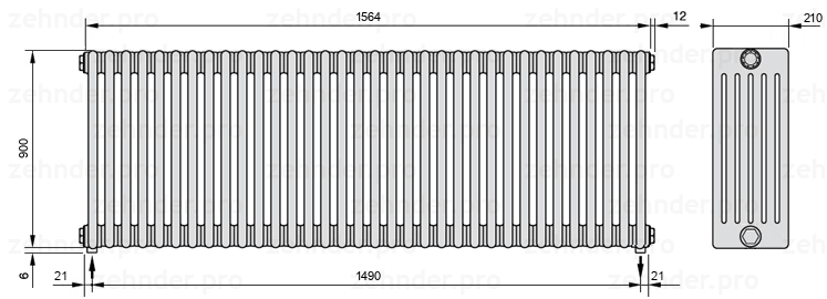 Схема (чертеж) Радиатор Zehnder Charleston 6090/34 №5310 Белый глянцевый RAL 9016
